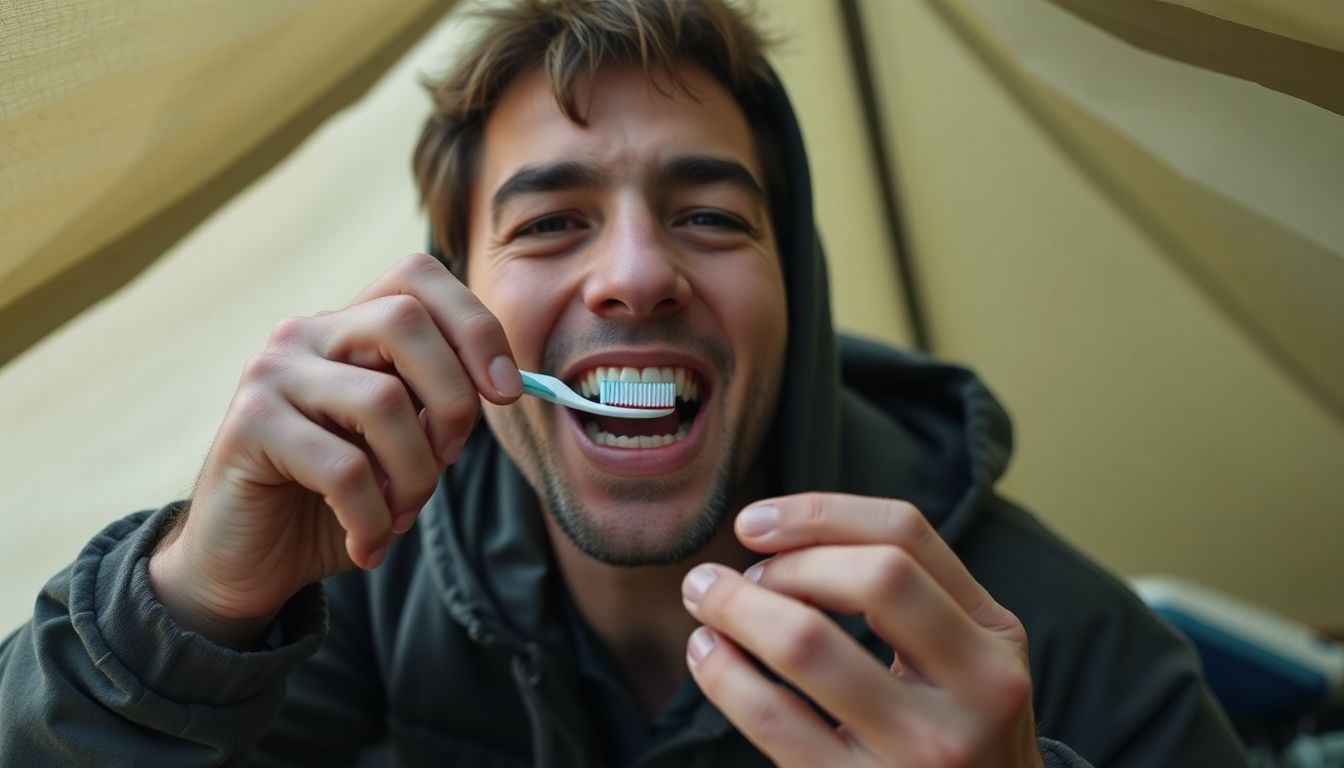 A person brushing their teeth thoroughly with a travel-sized toothbrush and toothpaste, in a makeshift campsite or disaster relief shelter.