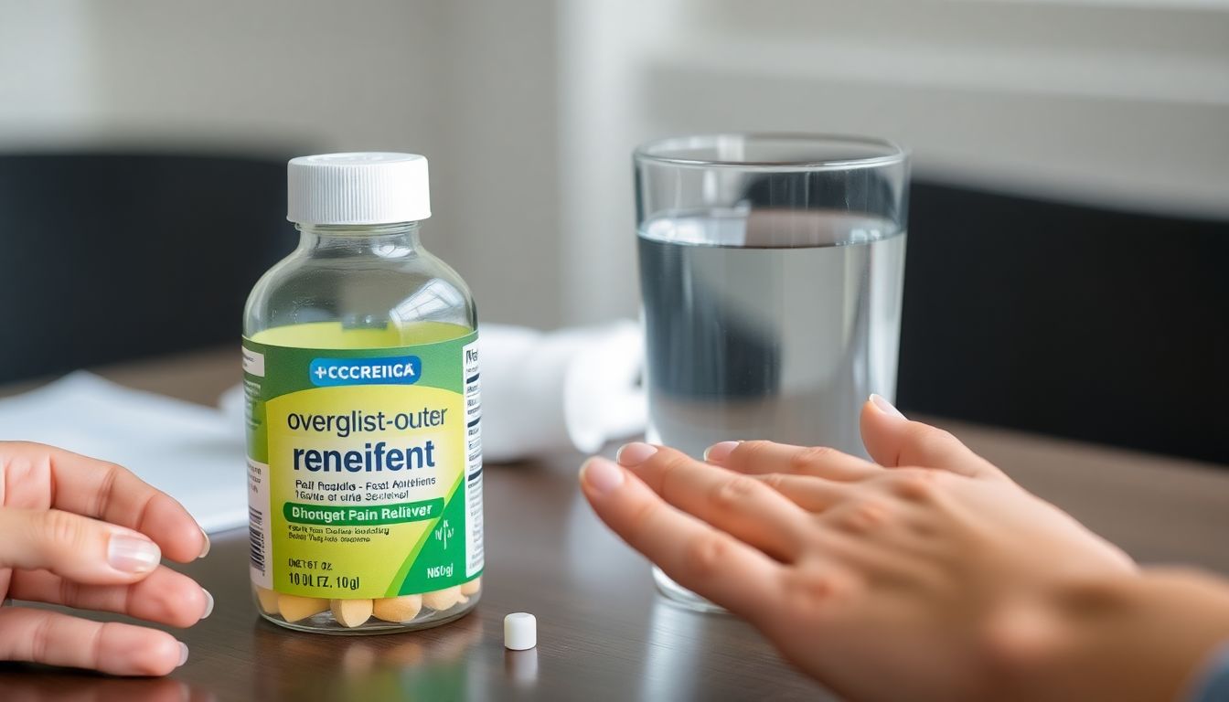 A bottle of over-the-counter pain relievers and a glass of water on a table, with a person's hand reaching for them.