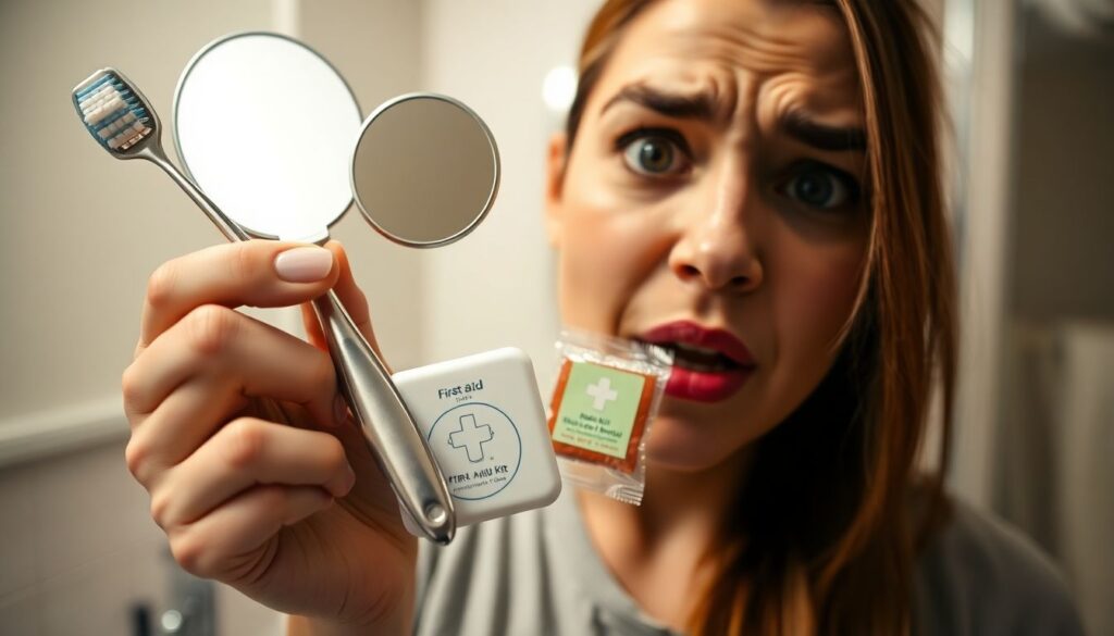 A close-up shot of a person's hand holding a dental mirror, toothbrush, and a small first aid kit, with a worried but determined expression, standing in a well-lit bathroom.