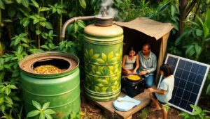 A close-up of a homemade biogas digester, surrounded by lush greenery, with a family using the methane gas produced to cook dinner on a stove, and a solar panel nearby for additional eco-friendly power.