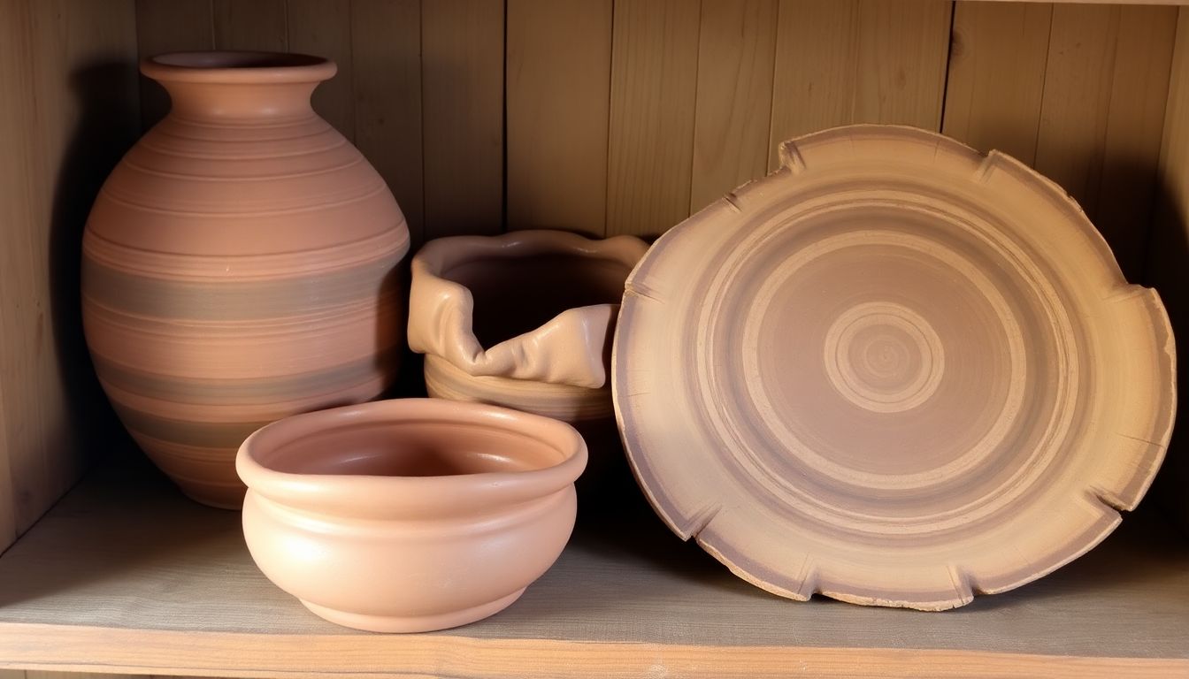 A collection of primitive pottery pieces – a coil-built pot, a pinched bowl, and a slab-built platter – arranged on a rustic wooden shelf.