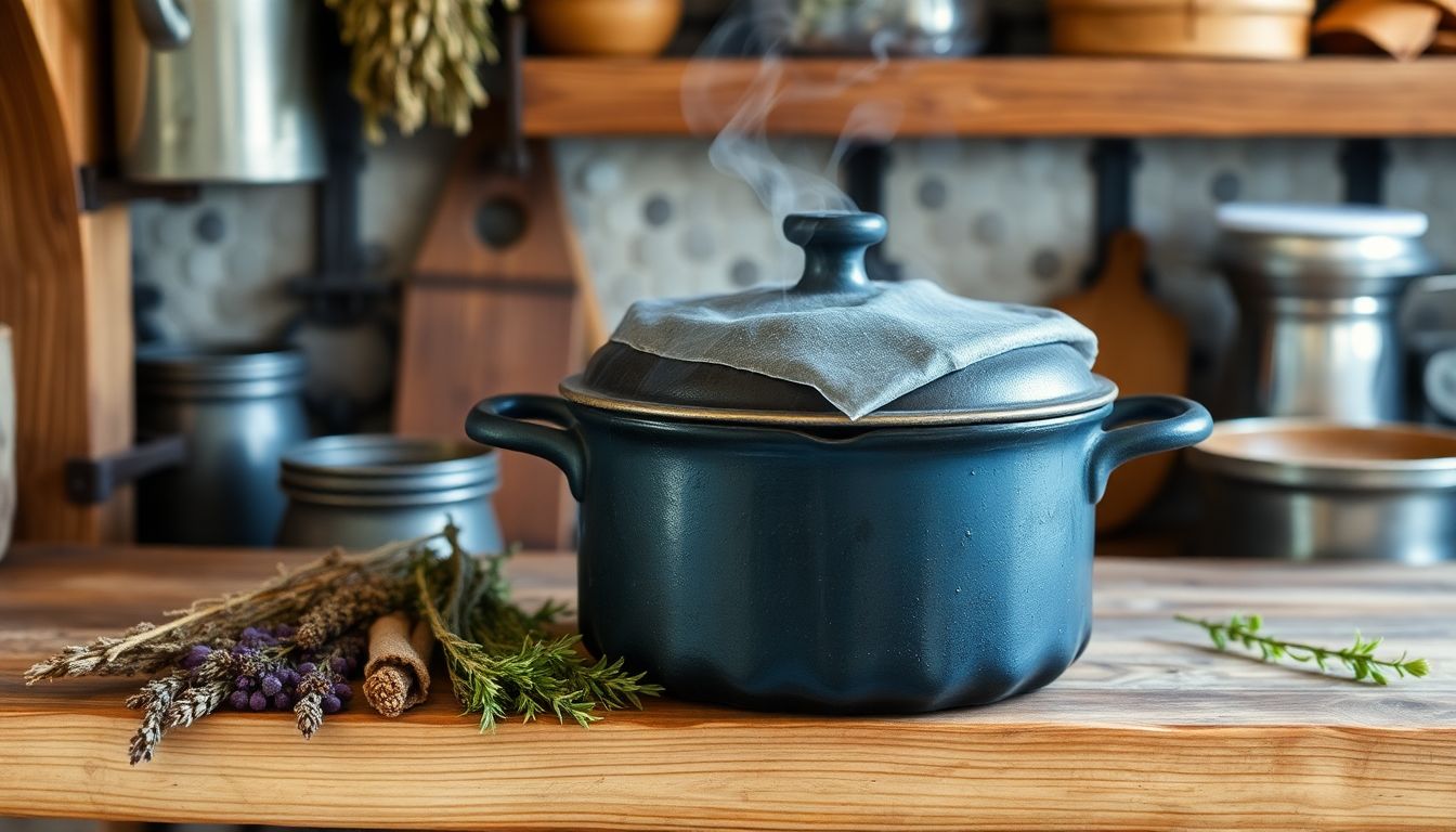 A well-loved, smoke-fired pot sitting on a wooden shelf in a rustic kitchen, surrounded by dried herbs and other natural elements.