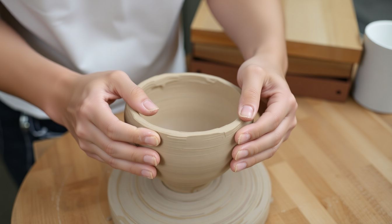 A person's hands pinching a ball of clay to form a bowl, with a slab-built box in the background and a wooden cutting board for scale.