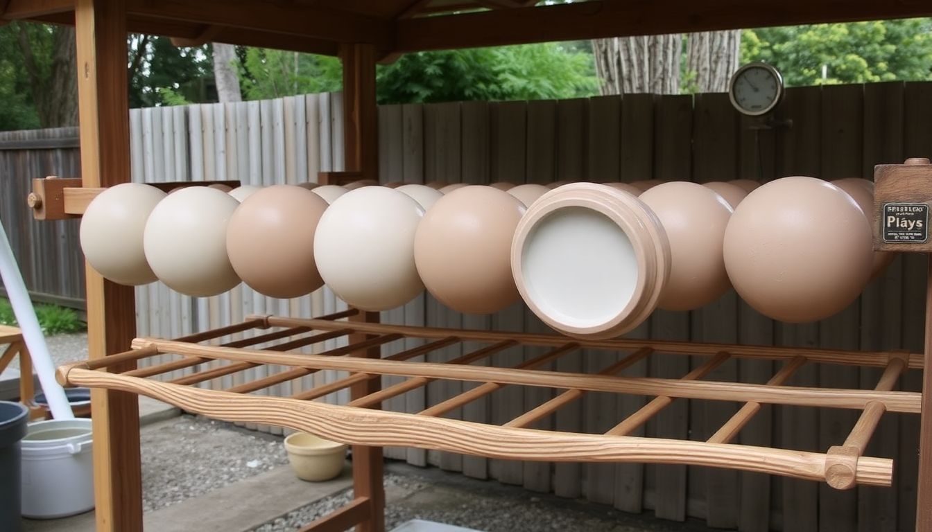 A row of handmade pottery pieces drying on a wooden rack in a shaded, outdoor setting, with a thermometer and a hygrometer visible.