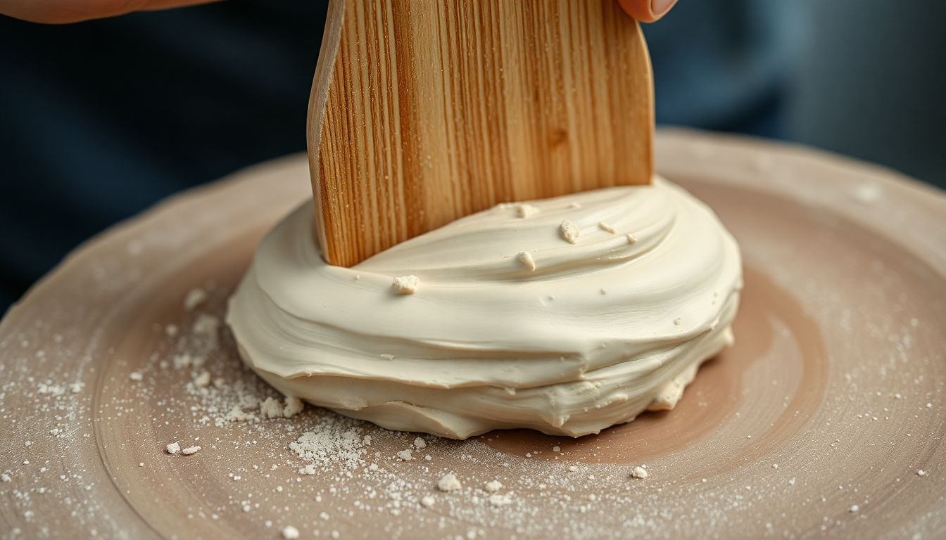 A close-up of a wooden paddle being used to wedge a lump of clay on a plaster bat, with clay particles and water droplets visible.