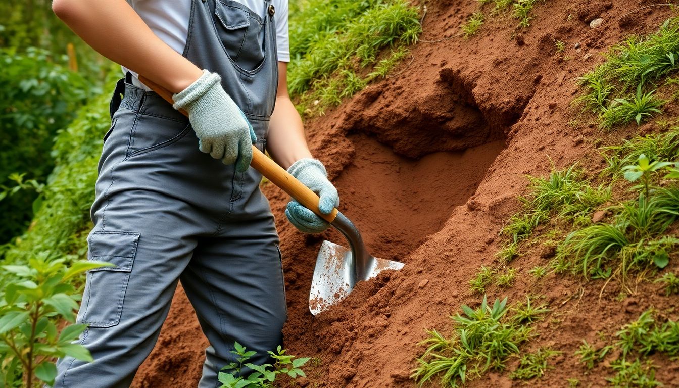 A person in overalls, wearing gloves, carefully digging into the side of a clay-rich hill with a shovel, surrounded by lush greenery.