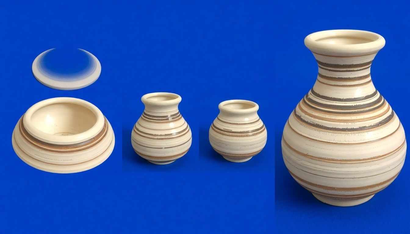 A series of photographs showing the progression of a coil-built pot, from the initial base to the final smoothed and decorated piece.