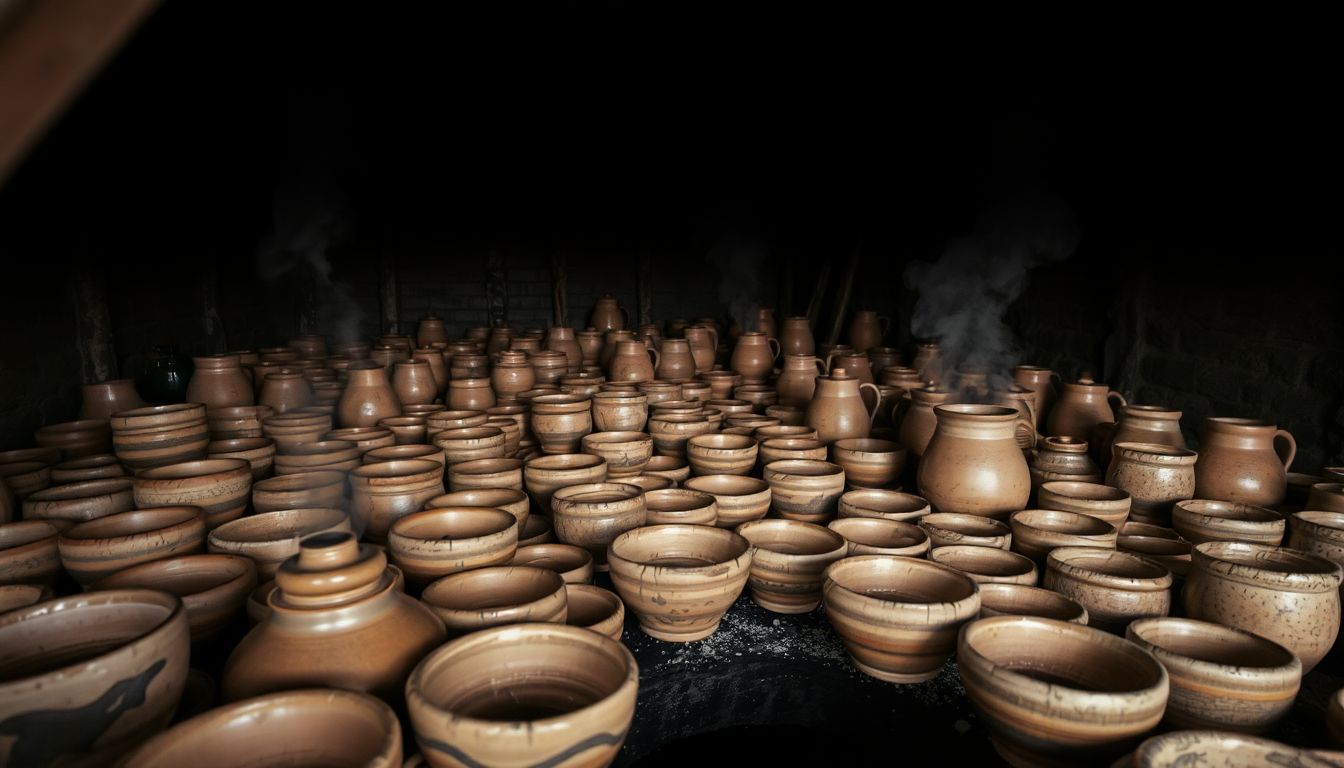 A close-up of a primitive kiln filled with handmade pottery pieces, with smoke billowing from the chimney and a person tending the fire.