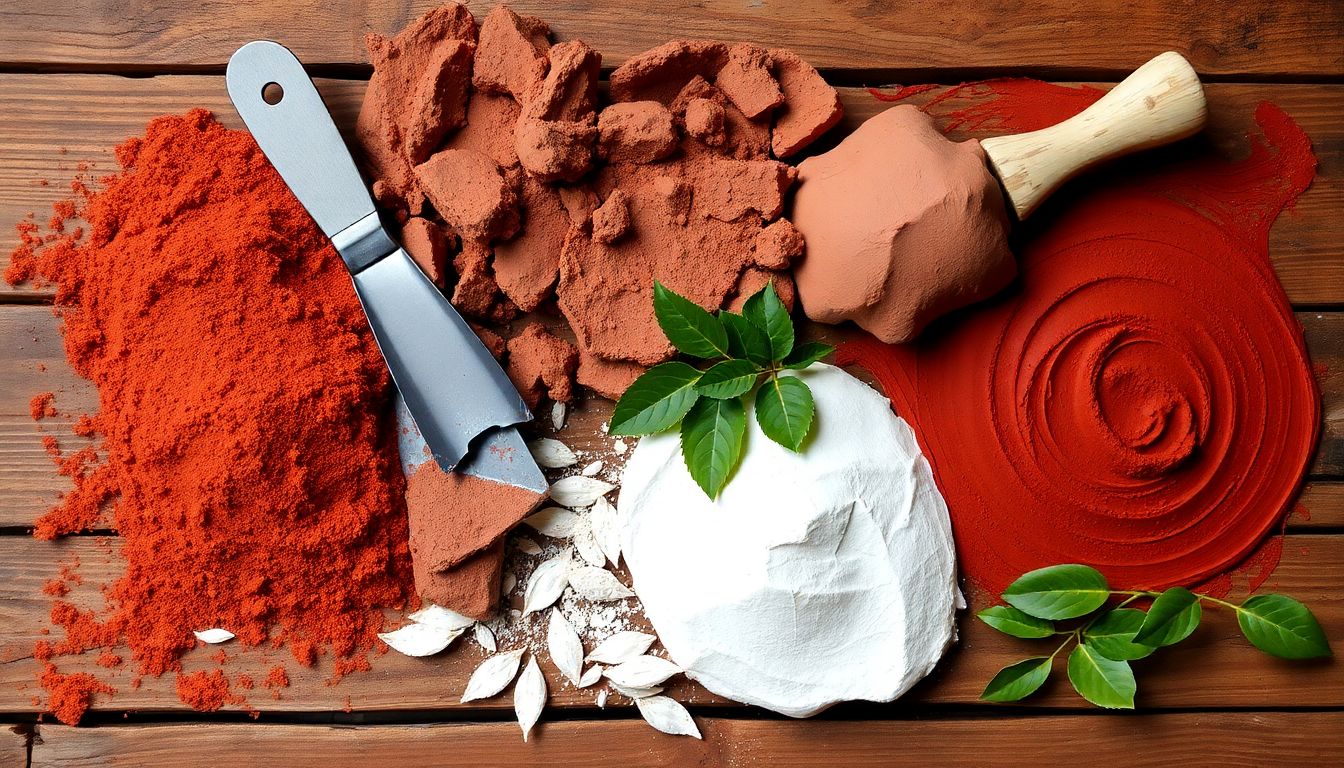 A variety of clay types – red, brown, and white – displayed on a rustic wooden table, with a small trowel and a handful of leaves for scale.