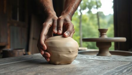 A close-up shot of a pair of weathered hands gently shaping a ball of natural clay on a wooden surface, with a primitive pottery wheel in the background and a lush, green forest visible through an open window.