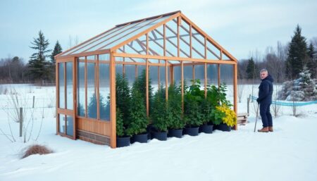 A serene, snowy landscape with a well-built, sturdy cold frame greenhouse standing tall, filled with thriving, frost-resistant plants, and a determined gardener tending to them, wearing warm clothing and gloves.