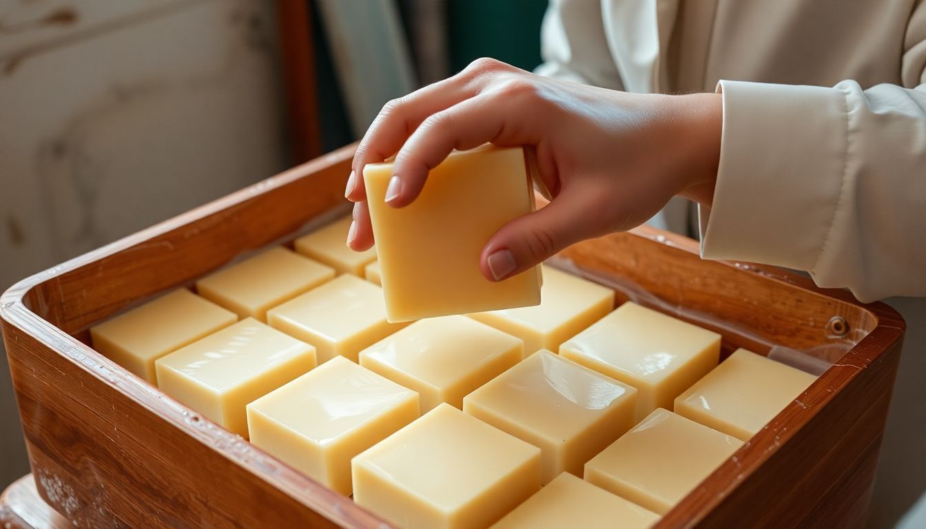 A person inspecting a batch of soap that hasn't hardened properly.