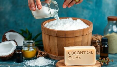 A close-up of hands pouring lye into a large wooden bucket, surrounded by natural ingredients like coconut oil, olive oil, and essential oils, with a bar of homemade soap in the foreground.