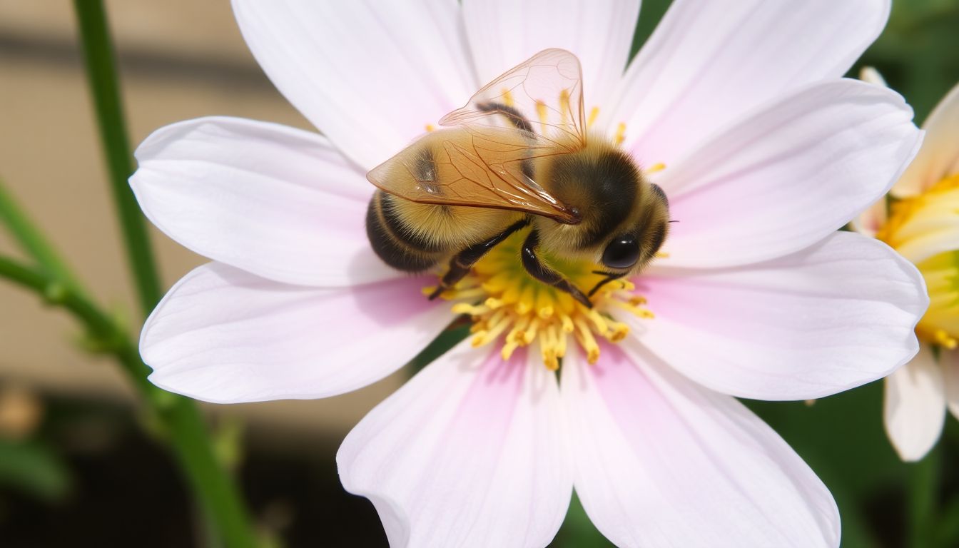 A bee visiting a flower, transferring pollen between the anthers and stigma, with a beehive visible in the background.