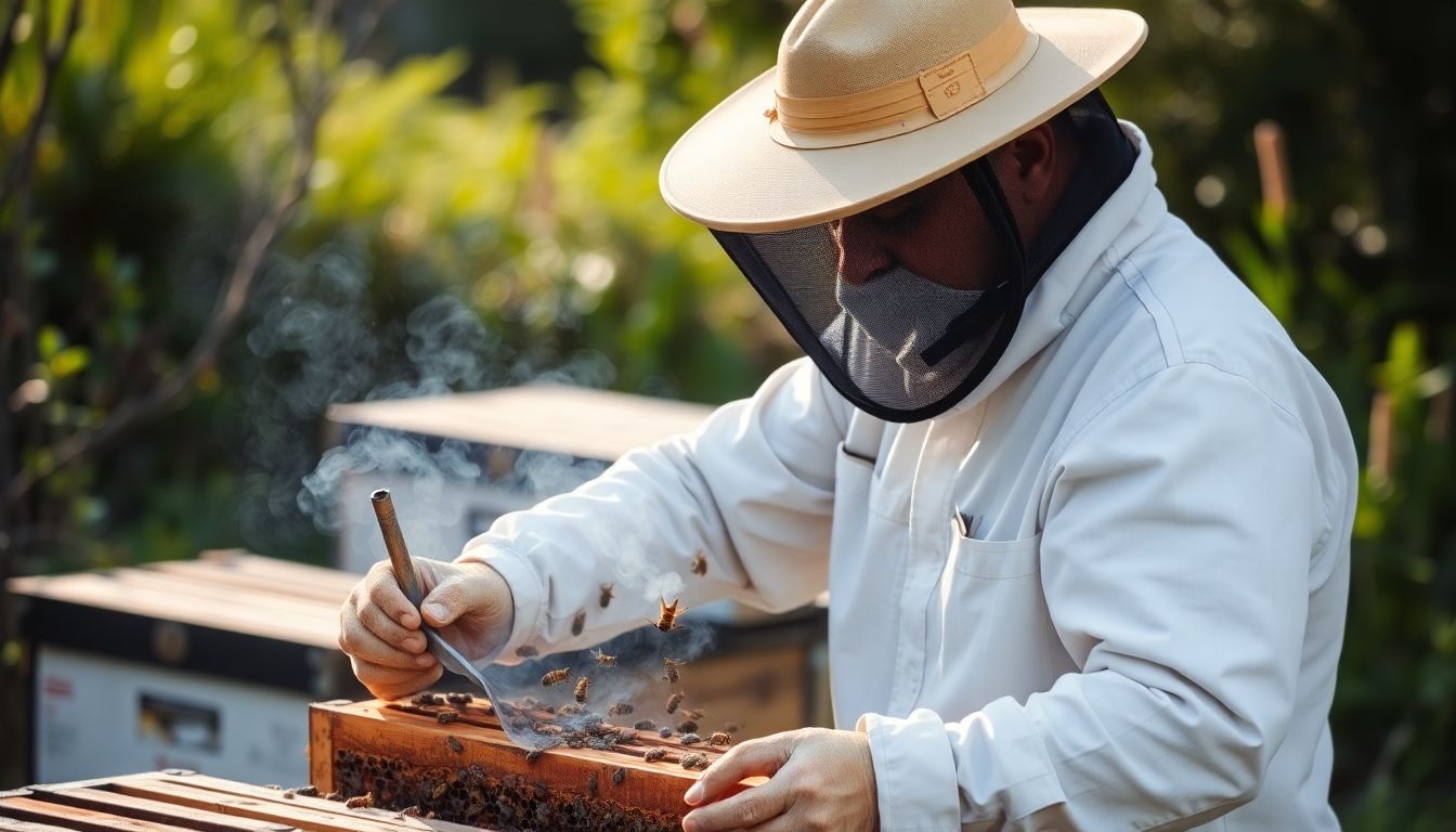 A beekeeper in action, performing a hive inspection, with a smoker, hive tool, and protective gear visible.