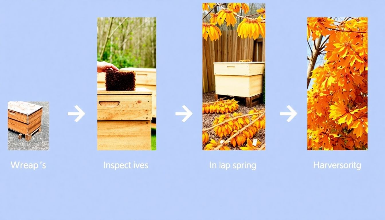 A series of images representing each season, with corresponding beekeeping tasks, such as wrapping hives for winter, inspecting hives in spring, and harvesting honey in fall.