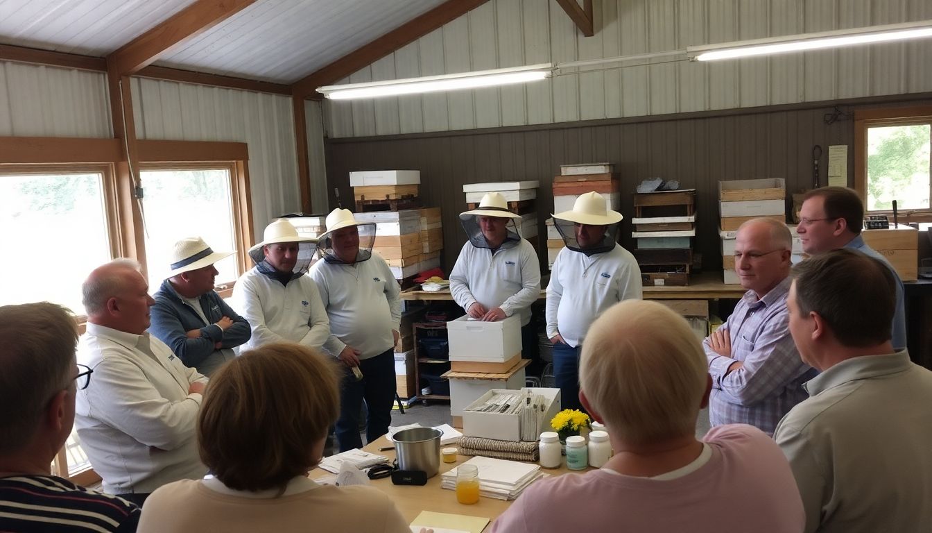 A group of beekeepers gathered at a local club meeting, sharing knowledge and experiences, with beehives and honey-related items in the background.