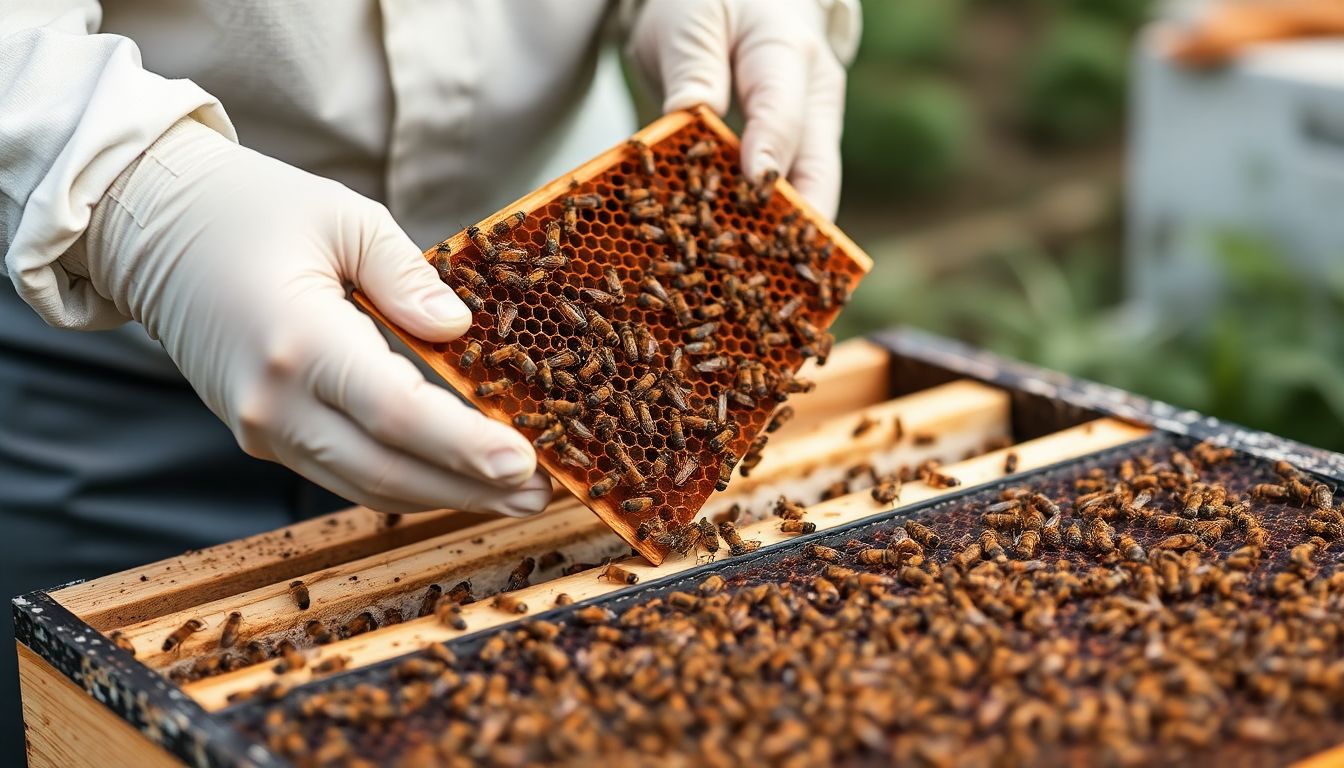 A close-up of a beekeeper carefully transferring a frame of bees from a nucleus colony into a new hive, with other frames ready to be added.