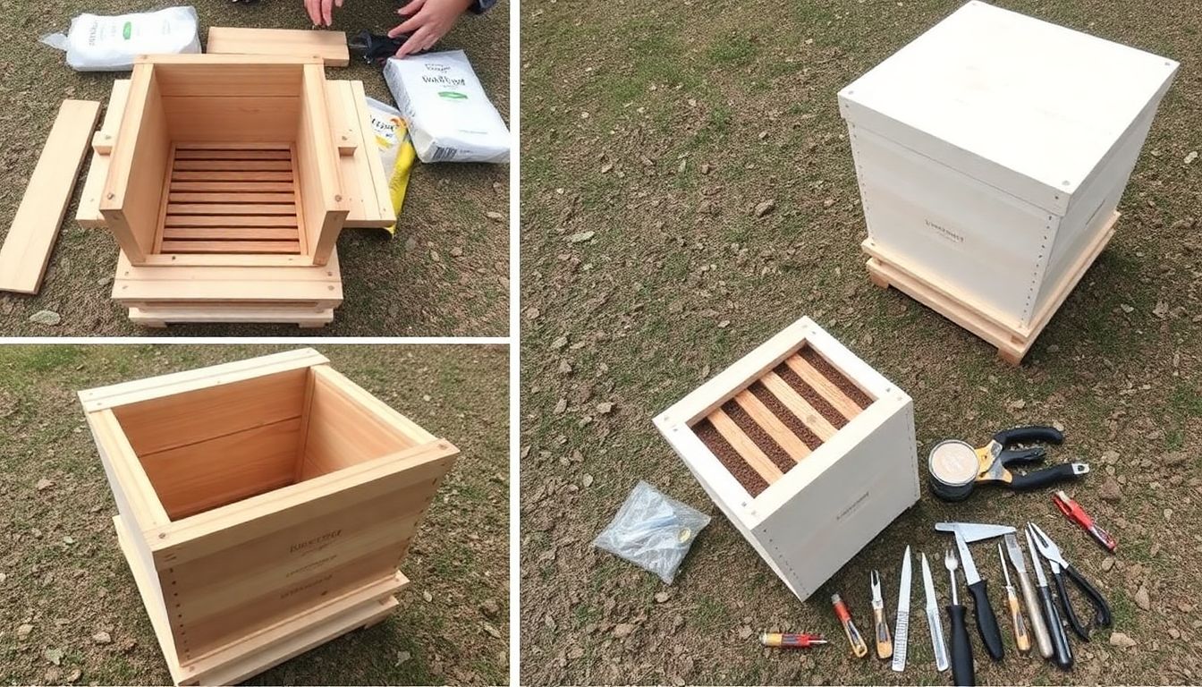 A step-by-step series of images showing the construction of a DIY Langstroth beehive, with tools and materials laid out nearby.