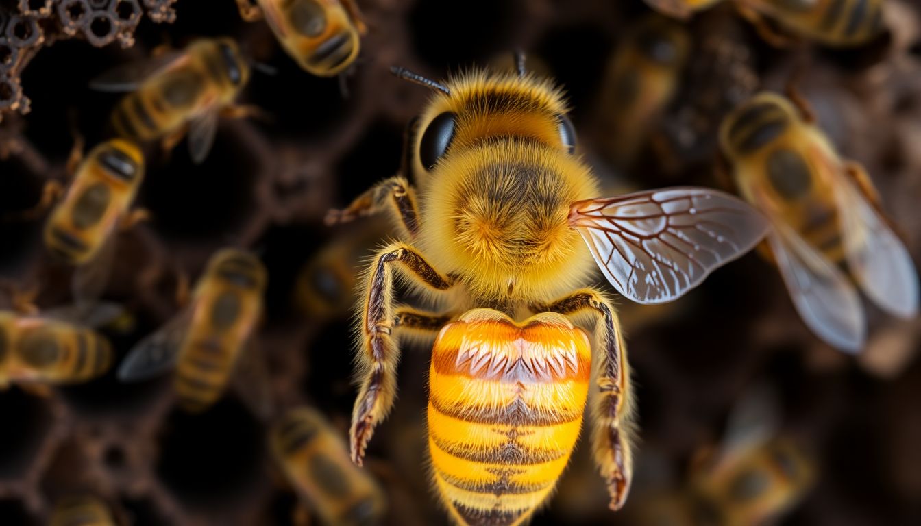 A magnified image of a honeybee, showing its intricate body structure, with other bees in the background performing various tasks within the hive.