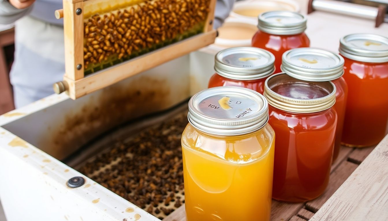 A beekeeper using an extractor to spin honey from uncapped frames, with jars of raw honey ready to be bottled.