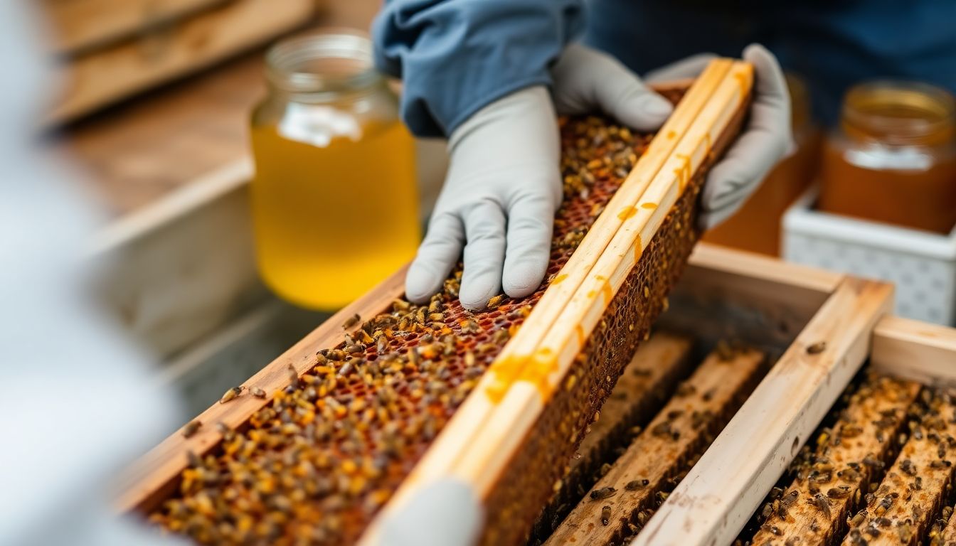 A close-up of a beekeeper removing a frame filled with honeycomb from a hive, with jars of honey in the background.