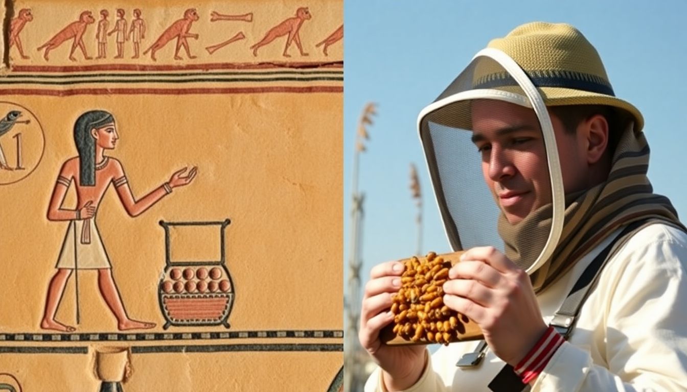 An ancient Egyptian fresco depicting beekeeping, side by side with a modern beekeeper in action.