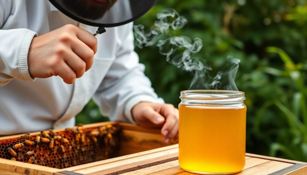 A close-up of a beekeeper in a white suit, gently smoking a beehive, with honeycomb visible through the open hive, and a jar of golden honey in the foreground, all set against a lush, green backdrop.