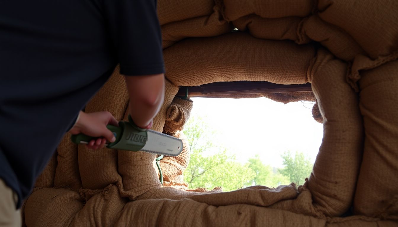 A person using a saw or other tool to cut an opening in the earthbag dome for a window or doorway.