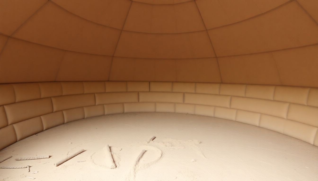 An interior shot of an earthbag dome with a completed earthen floor and plastered walls.