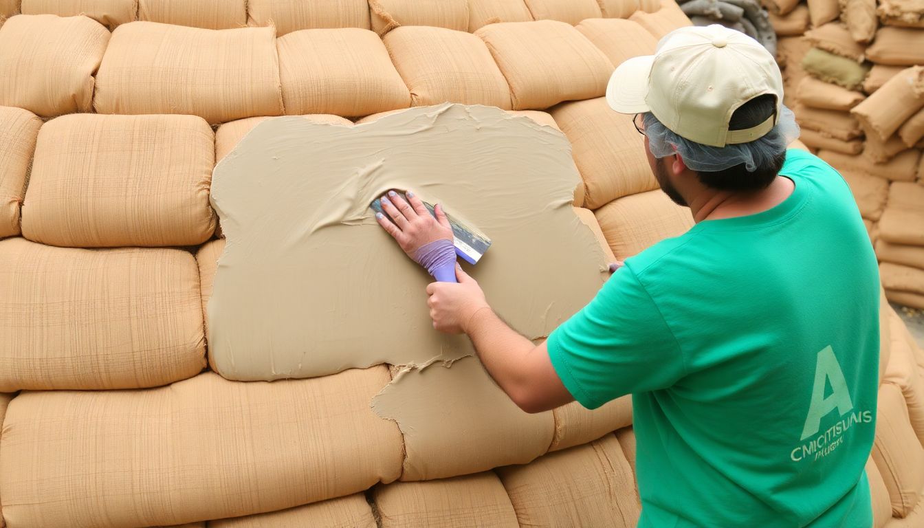 A person applying plaster to the surface of an earthbag dome using a trowel.