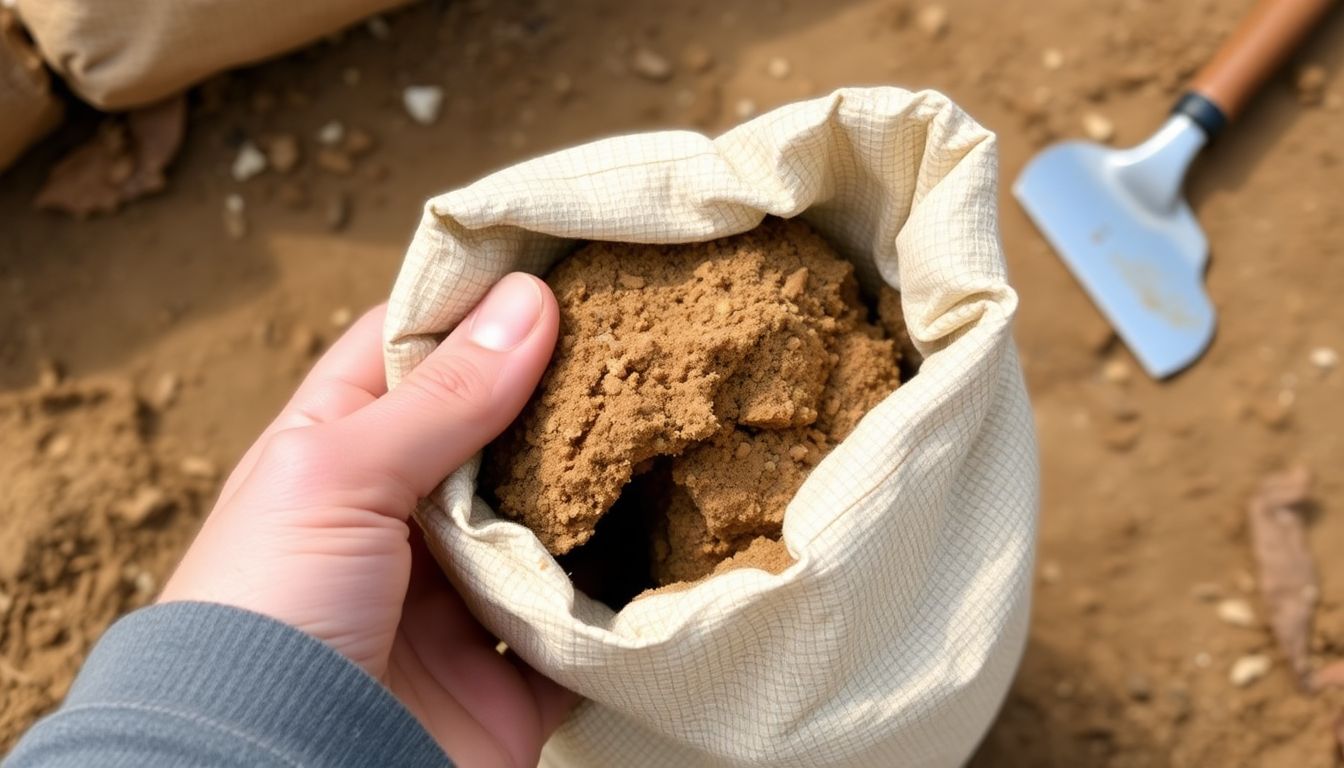 A close-up of a hand holding an earthbag, with the material inside visible, and a trowel or other building tool in the background.