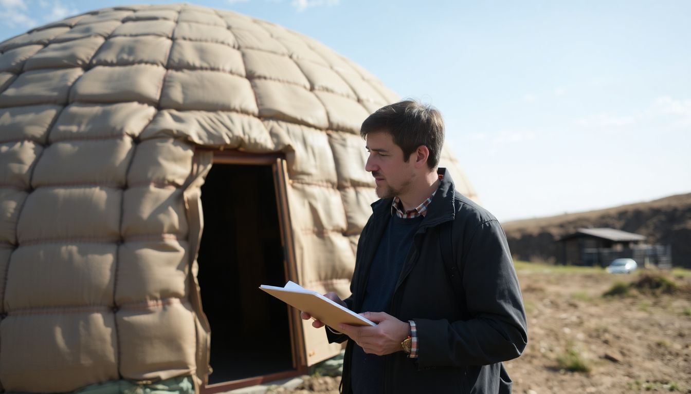 A person inspecting the exterior of an earthbag dome, with a notebook and pen in hand.