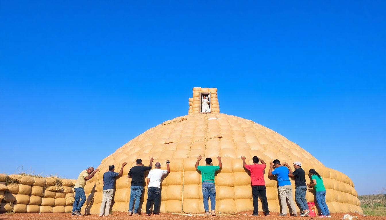 A group of people working together to build up the walls of an earthbag dome, with the structure growing taller in the background.