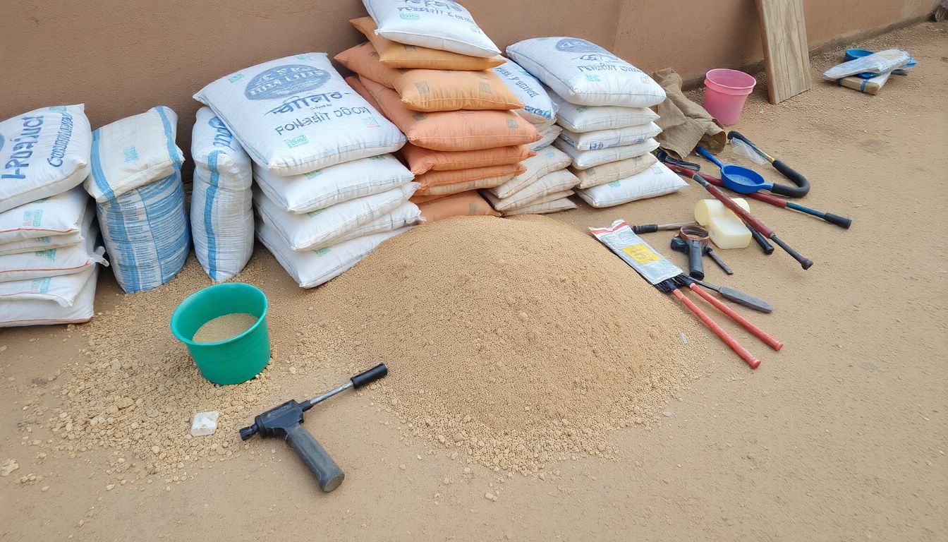 A pile of sand, bags, and tools laid out on the ground, ready for use.