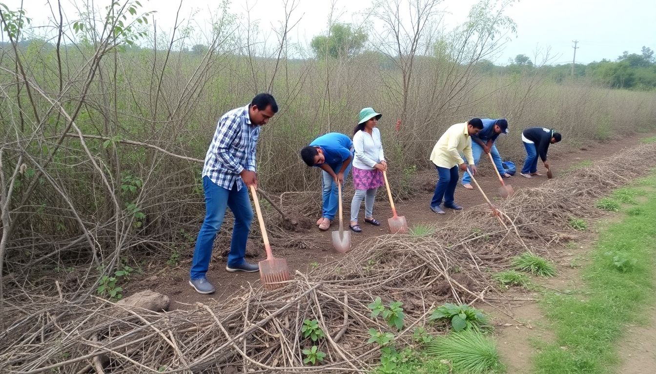 A group of people clearing brush and leveling the ground with rakes and shovels.