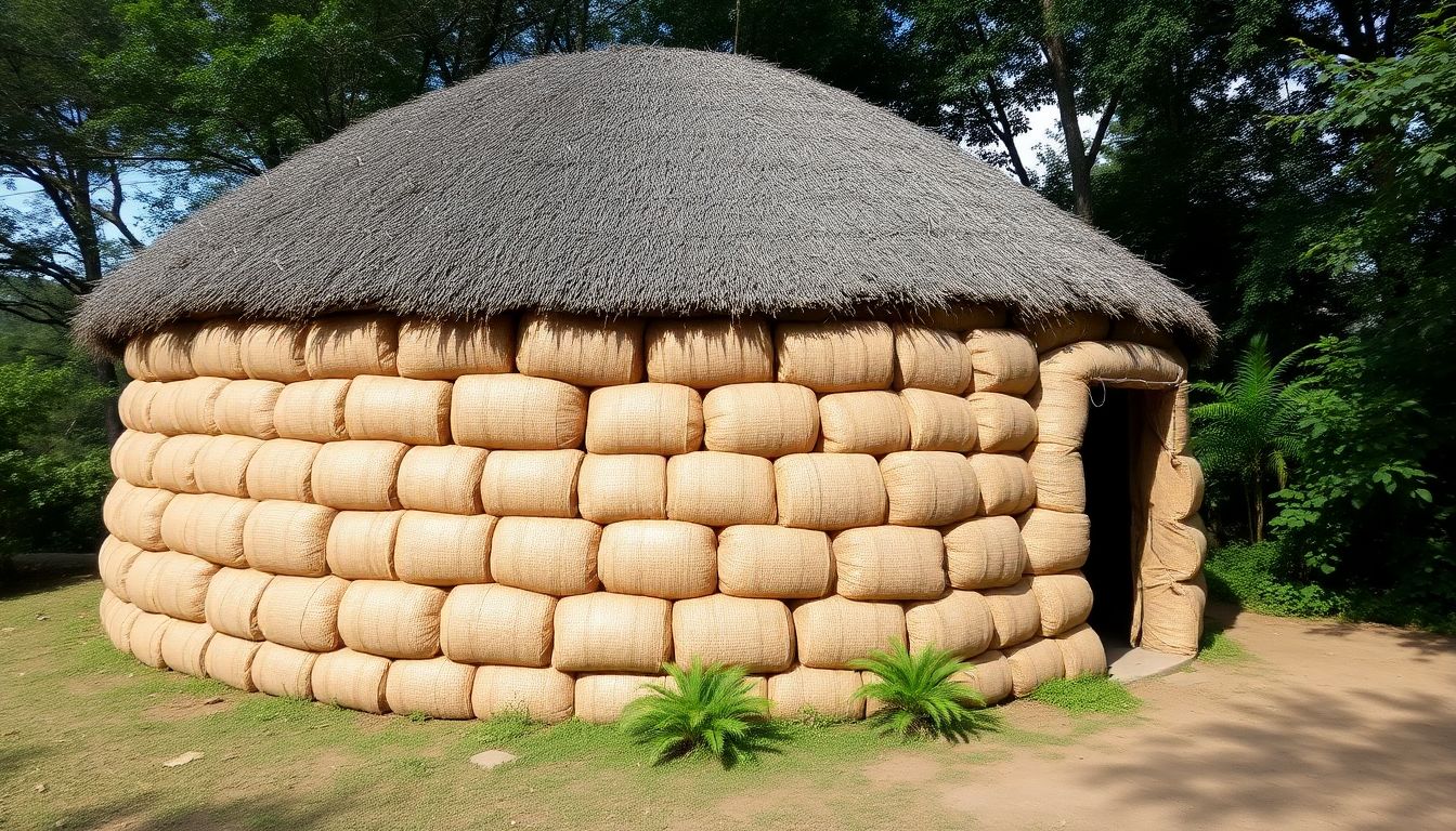 A completed earthbag dome with a thatched roof, surrounded by greenery.