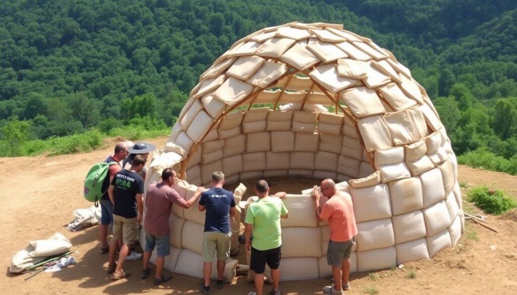 A group of volunteers working together to build an earthbag dome, with a completed half-dome structure in the background, surrounded by a lush green landscape.