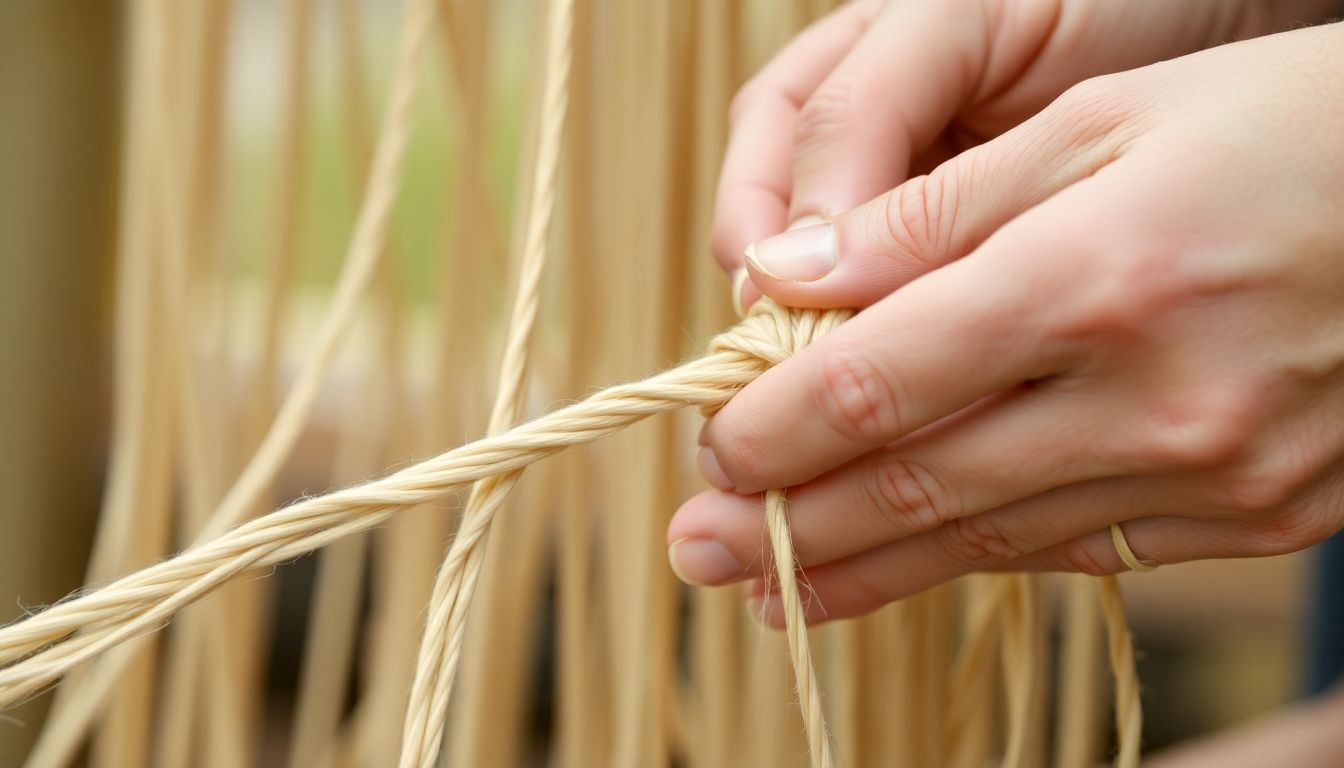 A close-up of hands twining fibers together, with a growing length of cordage in the background.