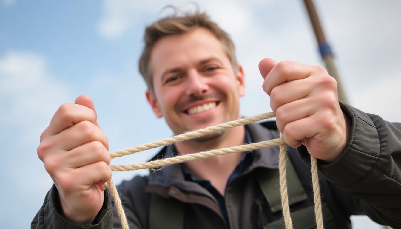 A person testing the strength of a length of cordage by pulling on both ends, with a satisfied expression on their face.