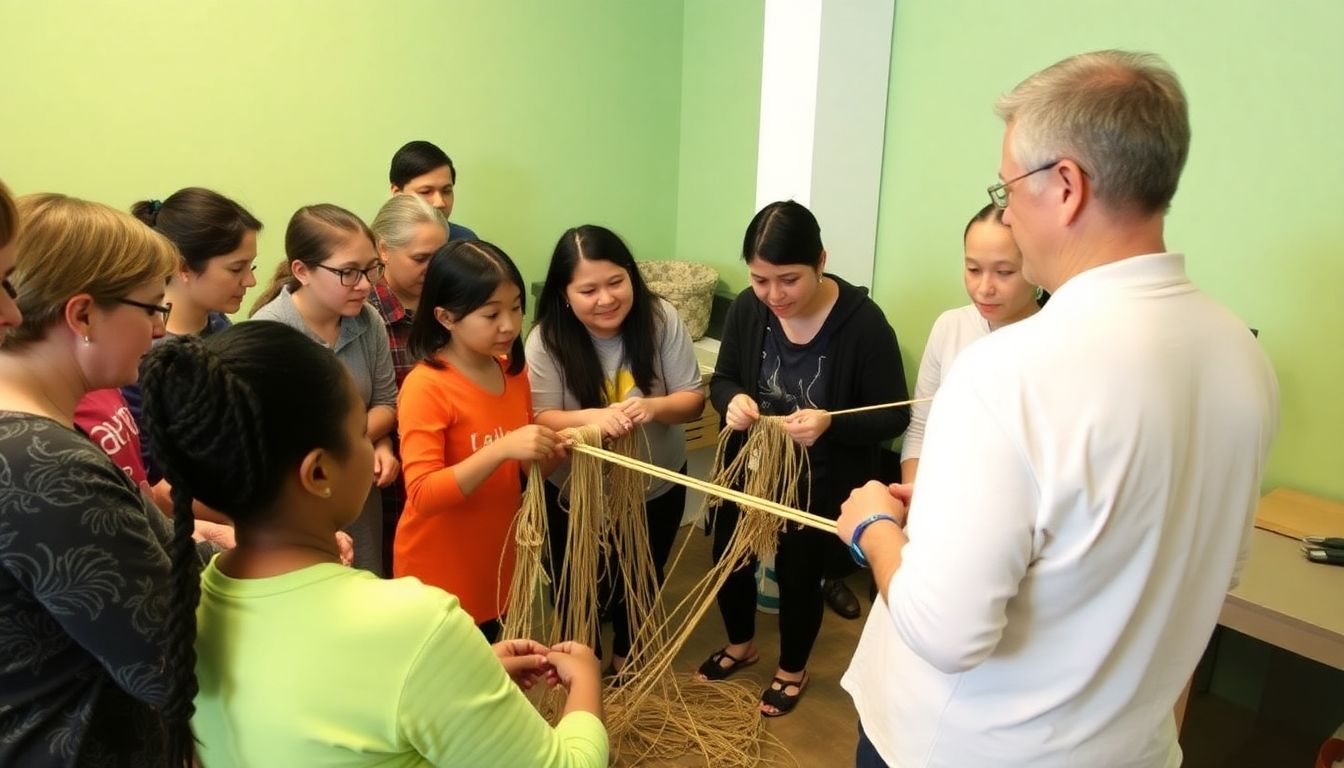 A group of people of all ages learning to make cordage together, with a teacher guiding them through the process.