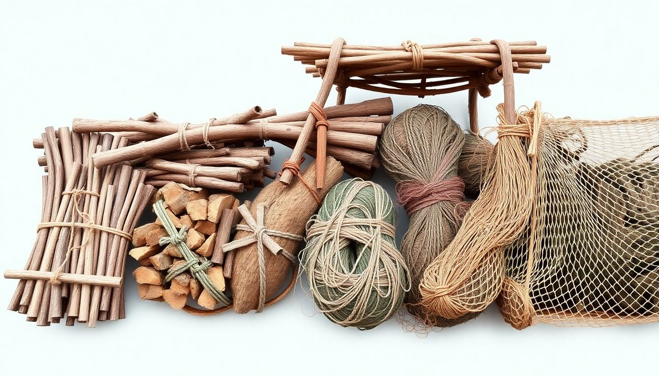 A variety of items tied together with cordage, such as bundles of firewood, a makeshift shelter, and a fishing net.