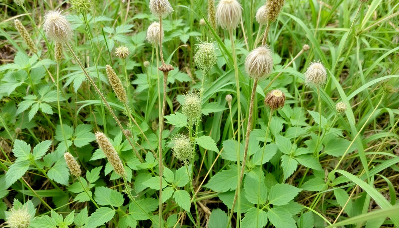 A variety of plants known for their cordage fibers, such as nettle, hemp, and milkweed, growing in a wild setting.