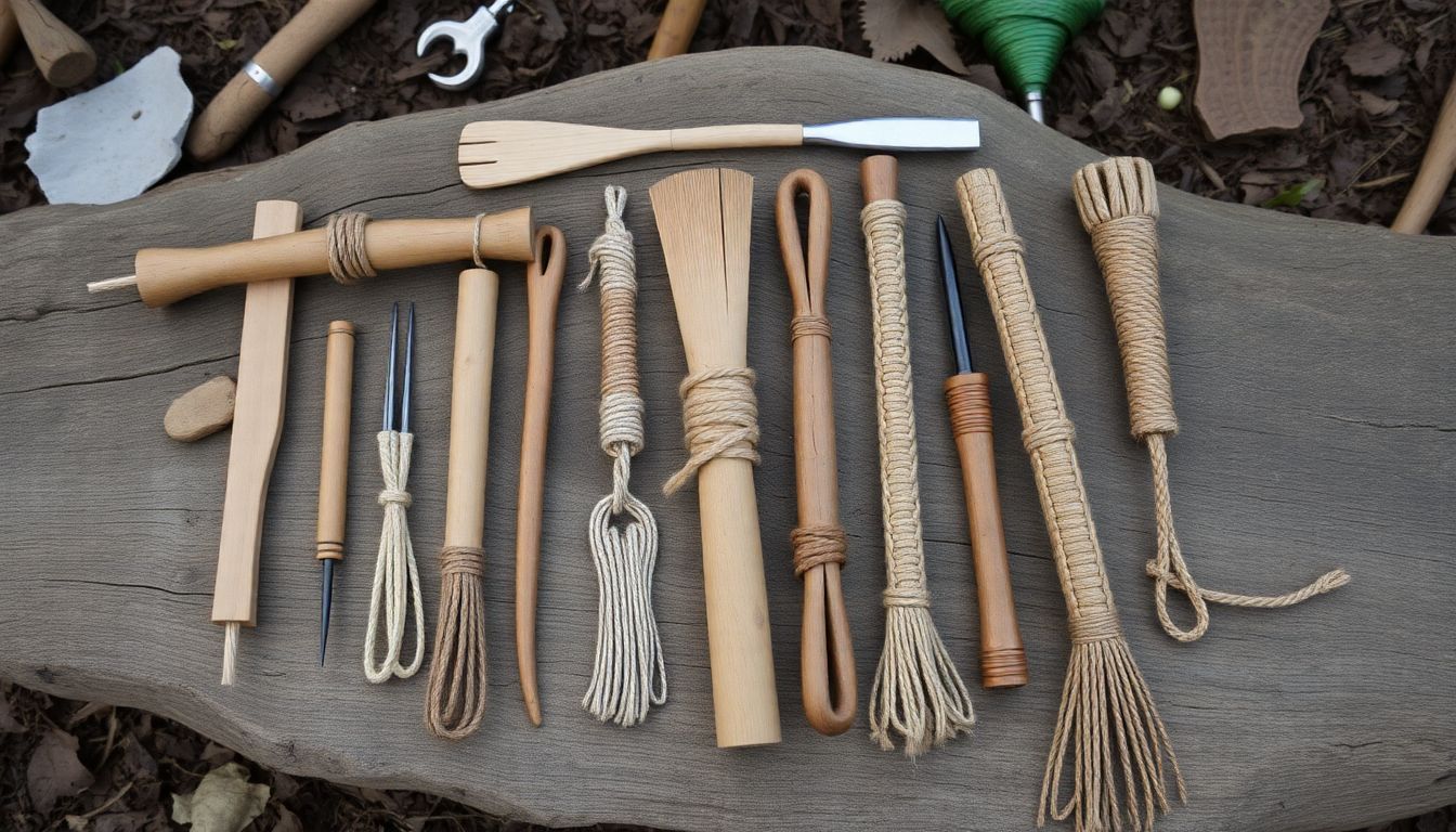 A variety of primitive cordage tools laid out on a natural surface, such as a log or a large stone.