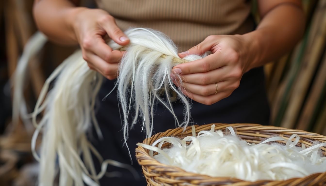 A person's hands carefully stripping fibers from a plant stalk, with a basket of prepared fibers in the foreground.