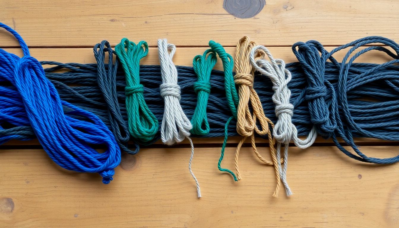 A variety of cordage samples made using different techniques, laid out on a rustic wooden table.