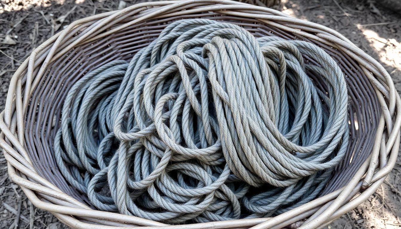 A basket of neatly coiled and stored cordage, with a dry, shady location in the background.