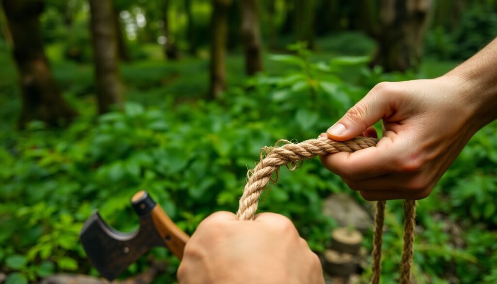 A close-up shot of a person's hands deftly twisting plant fibers into a rope, with a lush forest backdrop and a hint of a primitive tool like a stone axe or wooden knife.