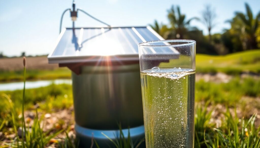 A close-up of a homemade solar water distiller sitting in a sunny field, with a glass of clean, sparkling water in the foreground, and a contaminated water source in the background.