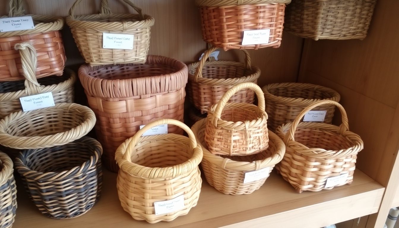 An assortment of uniquely shaped and sized baskets, each with a label indicating its intended use, displayed on a wooden shelf.